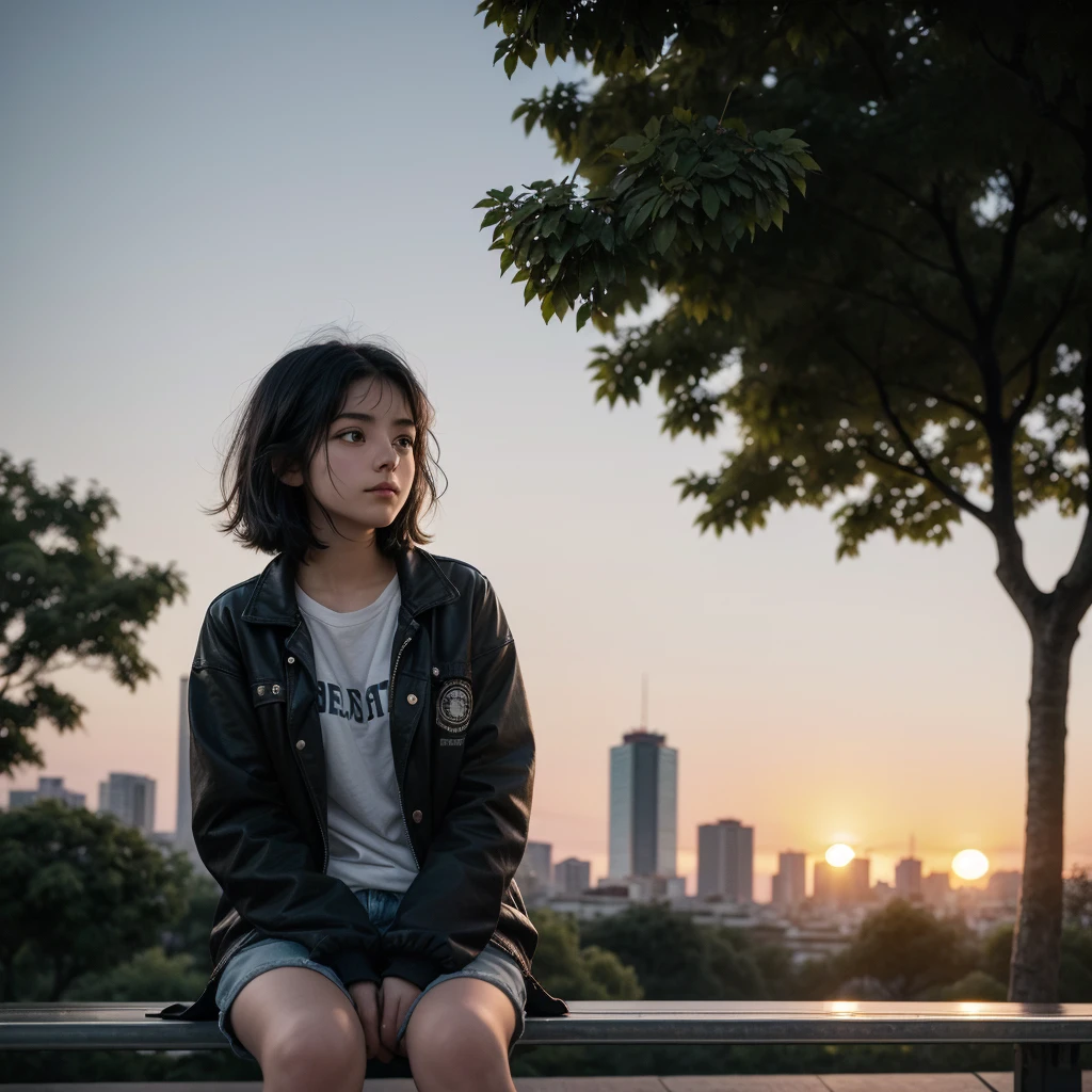 18 year old girl with slightly short black hair looking at the sunset sitting on a park bench in CDMX not looking at the camera but at the landscape with a tree, watching the sunset without looking at the camera, a little out of focus 