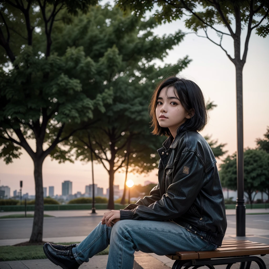 18 year old girl with slightly short black hair looking at the sunset sitting on a park bench in CDMX not looking at the camera but at the landscape with a tree, watching the sunset without looking at the camera, a little out of focus