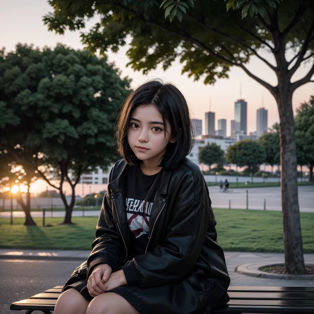 18 year old girl with slightly short black hair looking at the sunset sitting on a park bench in CDMX not looking at the camera but at the landscape with a tree, watching the sunset without looking at the camera, a little out of focus