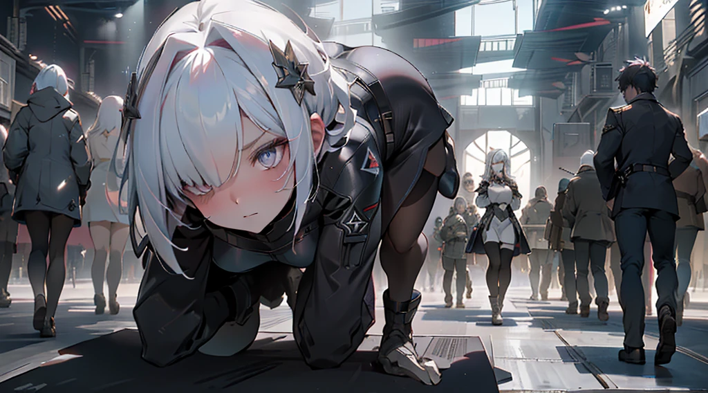 1 Girl, Mature, Solo , Alone, A Single Human, Big Chest, Violet Eyes, , Hair accessories, White Bob Hair, Short Hair, Silver Hair, Bang, hair between eyes, military uniform, black dress, cape, white gloves, pantyhose, high heel boots, Explosion, Running, Sky, on the Aircraft Carrier Ship, Tank , Mech , Sci-fi Battlefield, ((Best quality)), ((masterpiece)), 3D, HDR (High Dynamic Range),Ray Tracing, NVIDIA RTX, Super-Resolution, Unreal 5,Subsurface scattering, PBR Texturing, Post-processing, Anisotropic Filtering, Depth-of-field, Maximum clarity and sharpness, Multi-layered textures, Albedo and Specular maps, Surface shading, Accurate simulation of light-material interaction, Perfect proportions, Octane Render, Two-tone lighting, Wide aperture, Low ISO, White balance, Rule of thirds,8K RAW, Aura, masterpiece, best quality, Mysterious expression, magical effects like sparkles or energy, flowing robes or enchanting attire, mechanic creatures or mystical background, rim lighting, side lighting, cinematic light, ultra high res, 8k uhd, film grain, best shadow, delicate, RAW, light particles, detailed skin texture, detailed cloth texture, beautiful face, (masterpiece), best quality, expressive eyes, perfect face,nikkeredhood,hair over one eye,marian,griseo,momo_burlesque