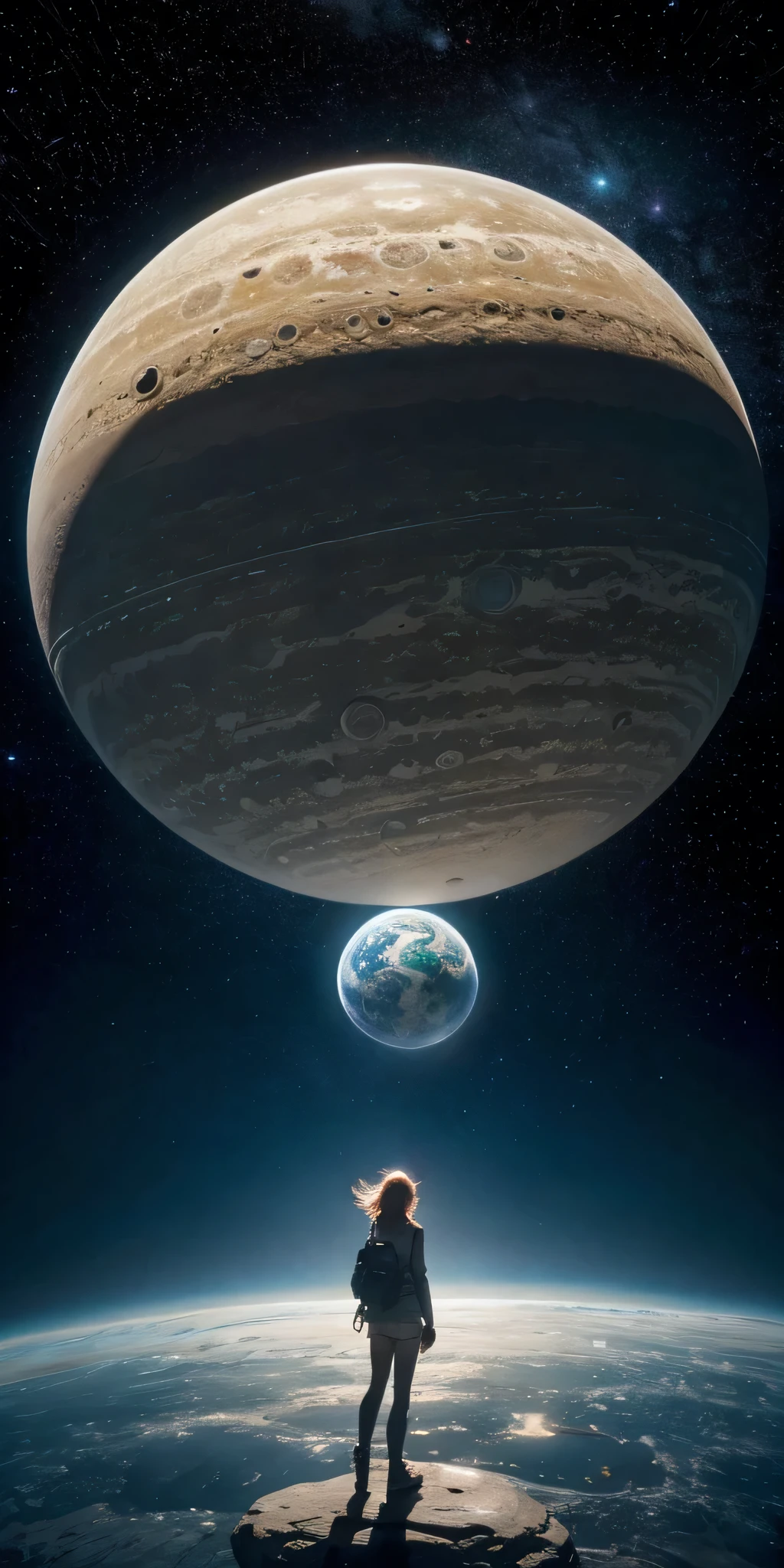 there is a woman standing in front of a painting of a planet, futuristic city in background, psytrance artwork, interconnected human lifeforms, panoramic view of girl, progressive rock album cover, dream of the endless, star dust, galaxy, stoner rock --ar 16:9 --v 5.1