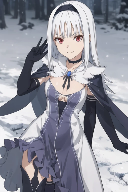 1girl, aira, blanc neige, smile, galdinius hairband, black elbow gloves, blue dress cleavage, frilled choker, white cape, black cape, black thighhighs frills, blue gemstone, park, snow, best quality, masterpiece, looking at viewers 