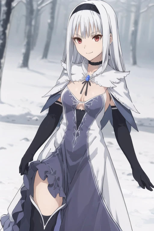 1girl, aira, blanc neige, smile, galdinius hairband, black elbow gloves, blue dress cleavage, frilled choker, white cape, black cape, black thighhighs frills, blue gemstone, park, snow, best quality, masterpiece, looking at viewers 