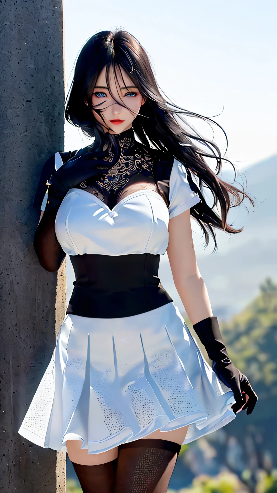 最high quality、Best image quality、masterpiece、With a girl((cute、20-year-old、Best Bust、Medium Bust、Bust 85,Beautiful Blue Eyes、Spread your chest wide,Long black hair、Slender、The best valley、、Blue Y-shirt、White short skirt,Show the whole body、Black perforated gloves)）high quality、Beautiful art、background((School、School zone、Strong winds)),Tabletop、Exquisite design、Visual Arts、Depth of written boundary、Best lighting、Highest detail、8ｋ