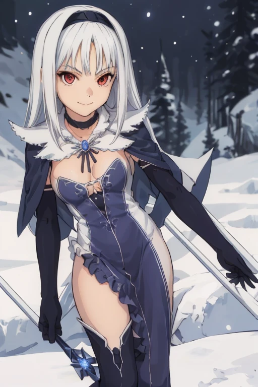 1girl, aira, blanc neige, smile, galdinius hairband, black elbow gloves, blue dress cleavage, frilled choker, white cape, black cape, black thighhighs frills, blue gemstone, park, snow, best quality, masterpiece, looking at viewers 