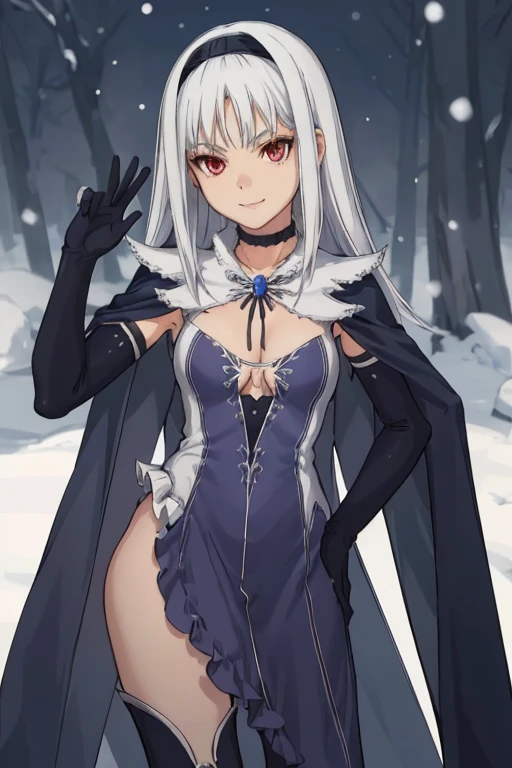 1girl, aira, blanc neige, smile, galdinius hairband, black elbow gloves, blue dress cleavage, frilled choker, white cape, black cape, black thighhighs frills, blue gemstone, park, snow, best quality, masterpiece, looking at viewers 