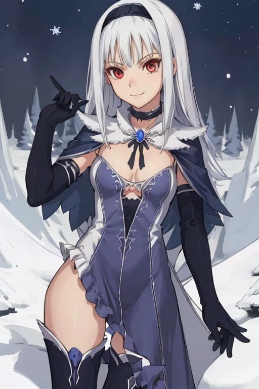 1girl, aira, blanc neige, smile, galdinius hairband, black elbow gloves, blue dress cleavage, frilled choker, white cape, black cape, black thighhighs frills, blue gemstone, park, snow, best quality, masterpiece, looking at viewers 