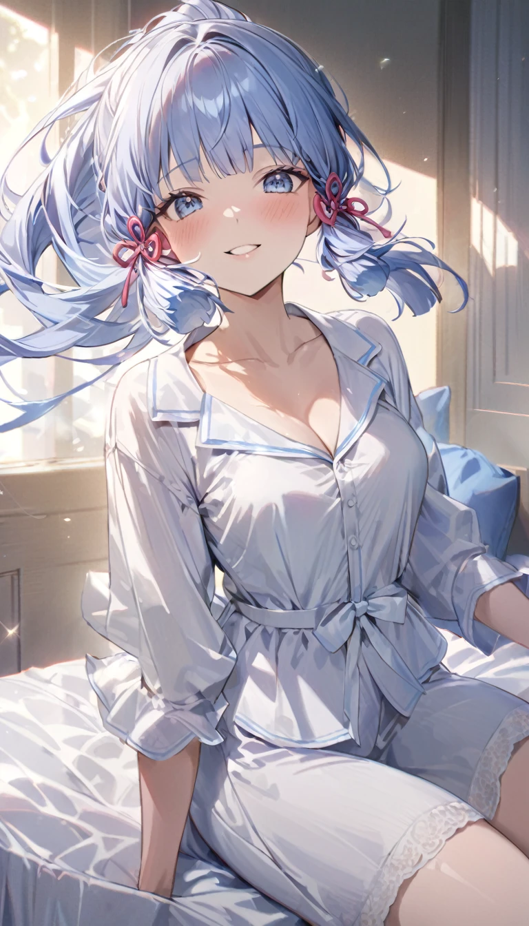 Ayaka, Blue long hair, Pretty Face,Smile,Close to hip, Medium breasts, Sitting on the bed, Wearing beautiful white pajamas, (open mouth:0.4),illustration,Detailed texture(Realist),Extremely detailed,Portrait Style,Bright colors,Soft lighting, blush, Mature, No, Flying hair, Breast tenderness