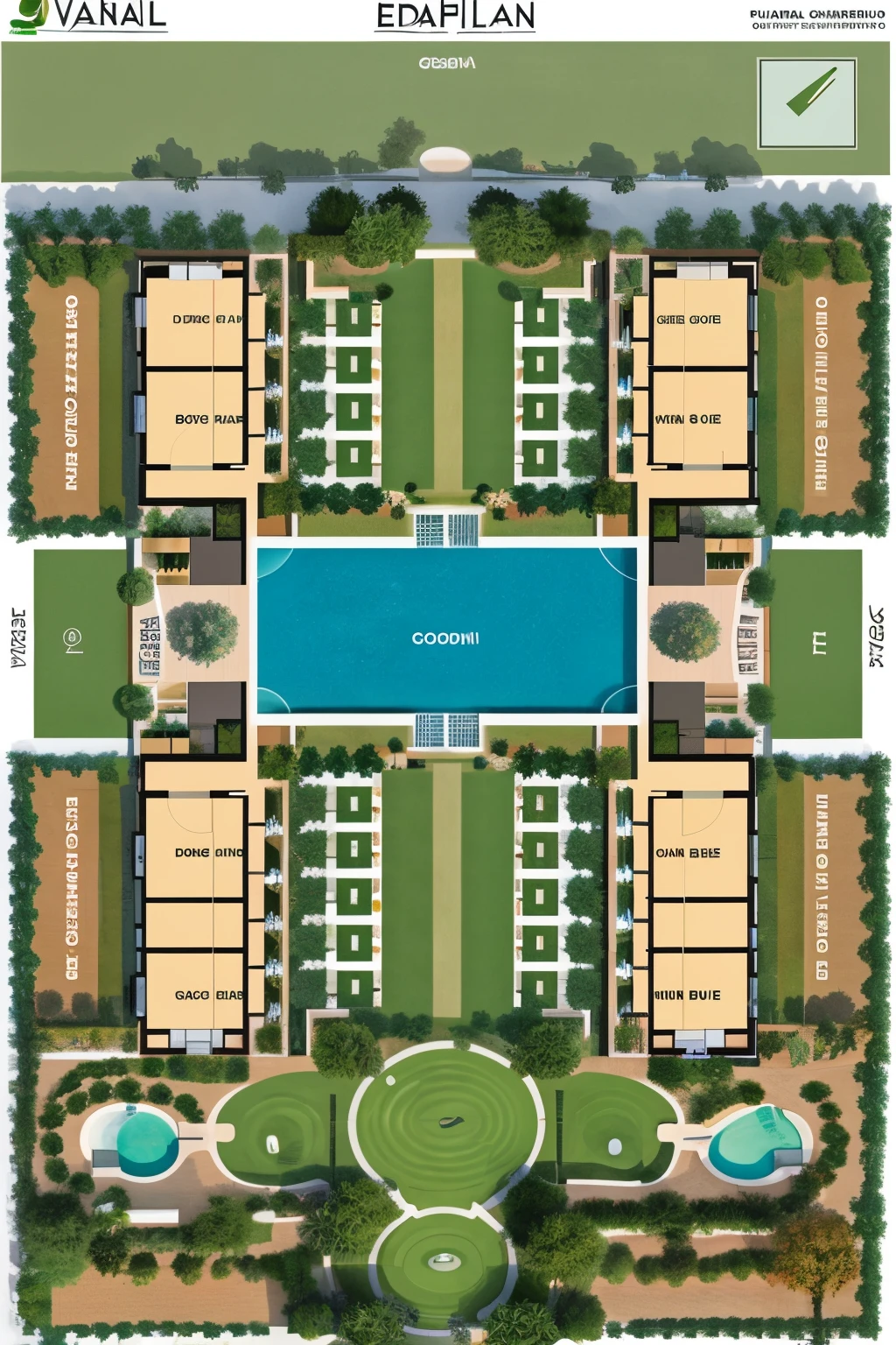 Architectural plan of an ecological hotel on a rectangular plot of 3 hectares, where 50 different rest villas and several recreational areas such as restaurants are distributed, golf course, Gardens, parks, swimming pools
