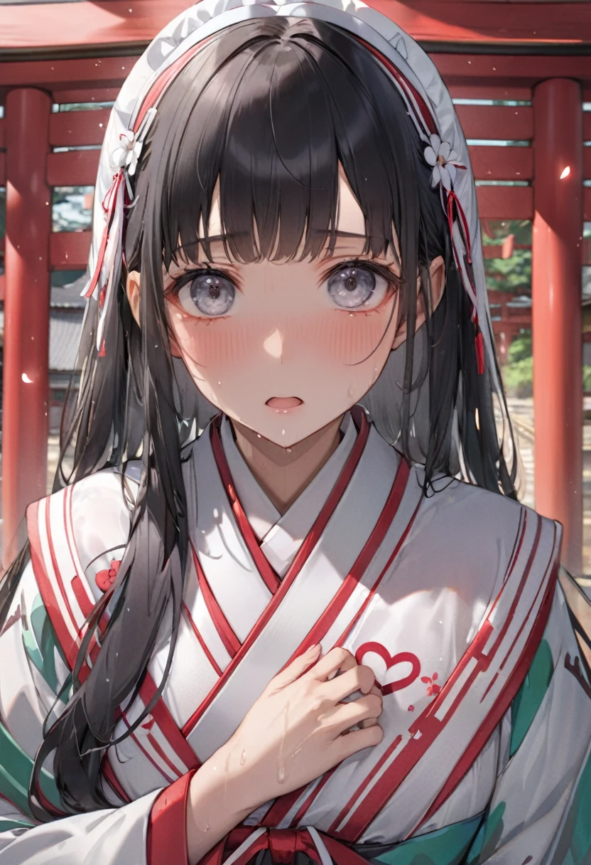 (sweaty skin) (standing, in the Fukuoka hakata city), (pov close up face) solo:2, 15 yo, ((blunt bangs)) (black hair long hair panic:1.4 shrine maiden girl), ((((heart shaped pupils gray eyes)))), hand put on own chest, in a shrine maiden clothes, BREAK, perfect anatomy, masterpiece, best quality, 16k, beautiful detailed grow, daydreaming expression.