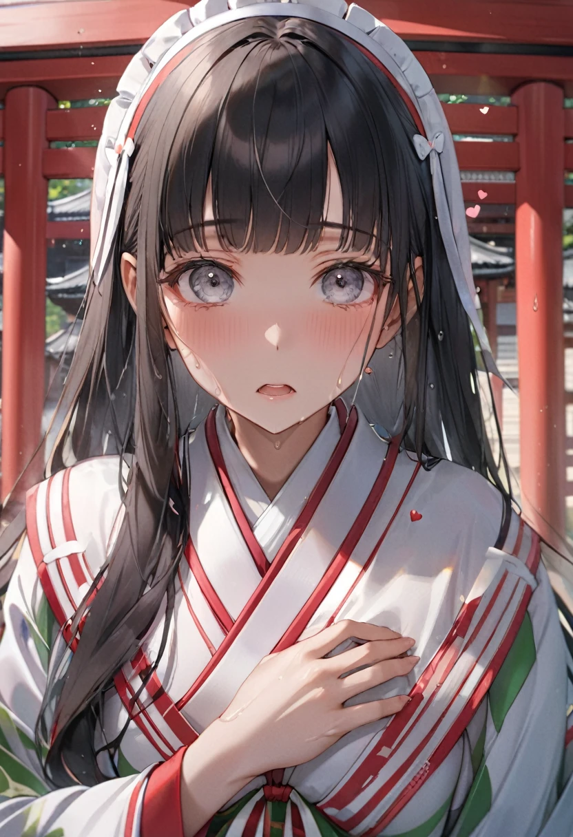 (sweaty skin) (standing, in the Fukuoka hakata city), (pov close up face) solo:2, 15 yo, ((blunt bangs)) (black hair long hair panic:1.4 shrine maiden girl), ((((heart shaped pupils gray eyes)))), hand put on own chest, in a shrine maiden clothes, BREAK, perfect anatomy, masterpiece, best quality, 16k, beautiful detailed grow, daydreaming expression.