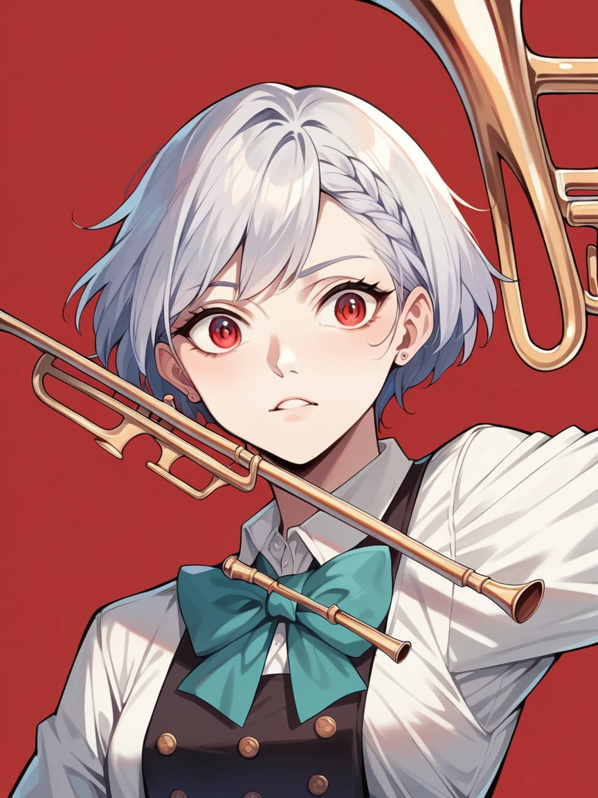 Fraction_9, Fraction_8_up, Fraction_7_up, Fraction_6_up, Fraction_5_up, Fraction_4_up, r3dgl0w, Red Eyes, Red background, 1 Girl, dark, trumpet