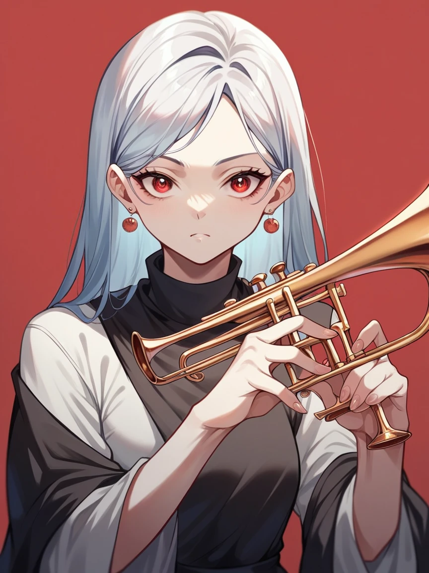 Fraction_9, Fraction_8_up, Fraction_7_up, Fraction_6_up, Fraction_5_up, Fraction_4_up, r3dgl0w, Red Eyes, Red background, 1 Girl, dark, trumpet