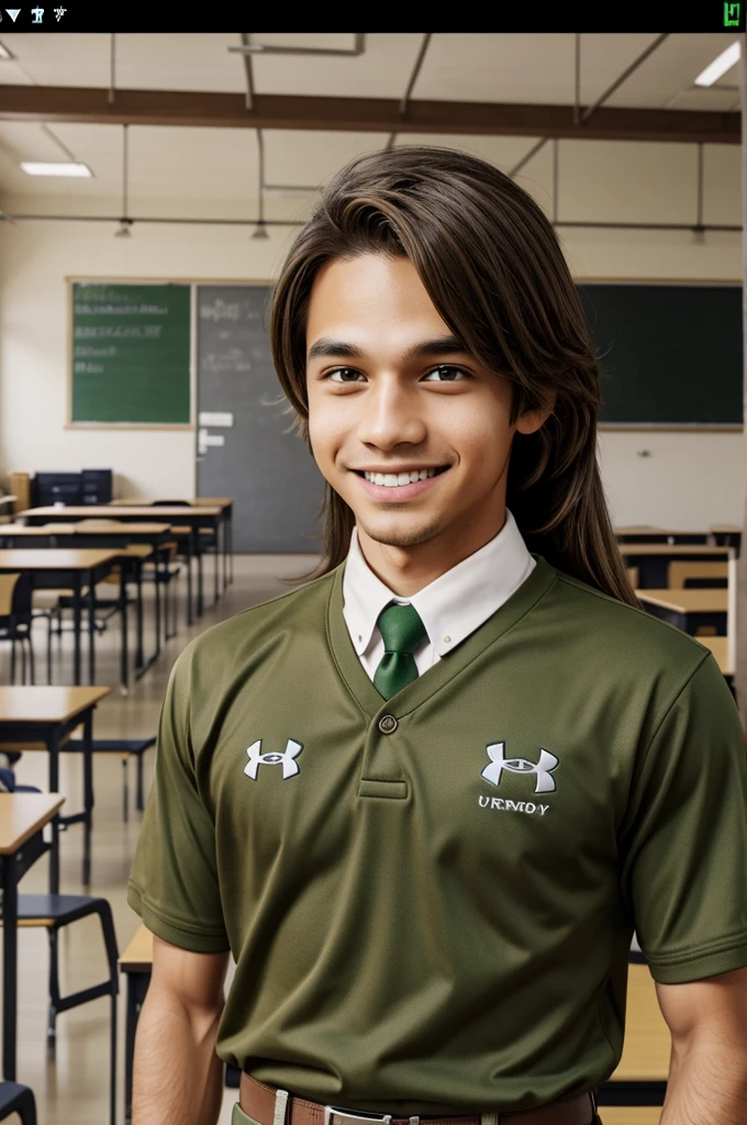 Screenshot of my hero academy.
wide , light brown,straight and fringed.
Green but brown eyes and happy.
He is wearing the UA uniform and the classroom is in the background.