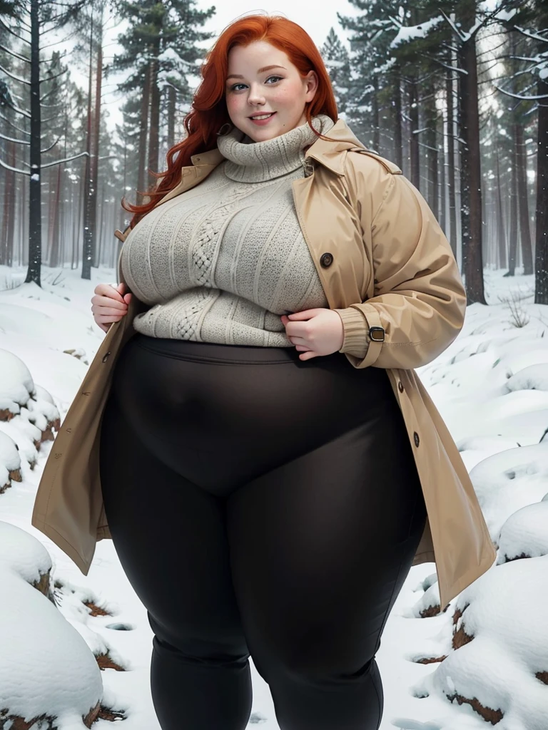 A Happy photo of a young beautiful redhead bbw with soft fat belly, wide fat obese hips, thick fat legs and fat arms, cute pretty face, small breasts, blue eyes, freckles, in an elegant winter sweater, winter long trench coat, black long pants, in a forest, while it is snowing on winter
