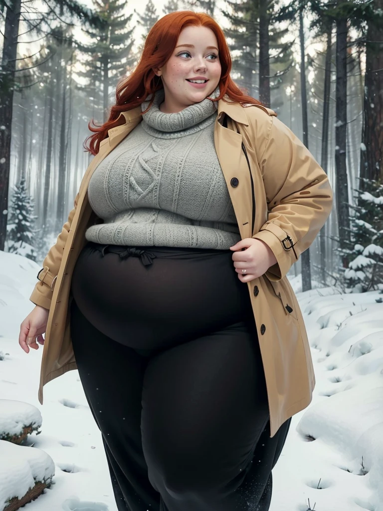 A Happy photo of a young beautiful redhead bbw with soft fat belly, wide fat obese hips, thick fat legs and fat arms, cute pretty face, small breasts, blue eyes, freckles, in an elegant winter sweater, winter long trench coat, black long pants, in a forest, while it is snowing on winter