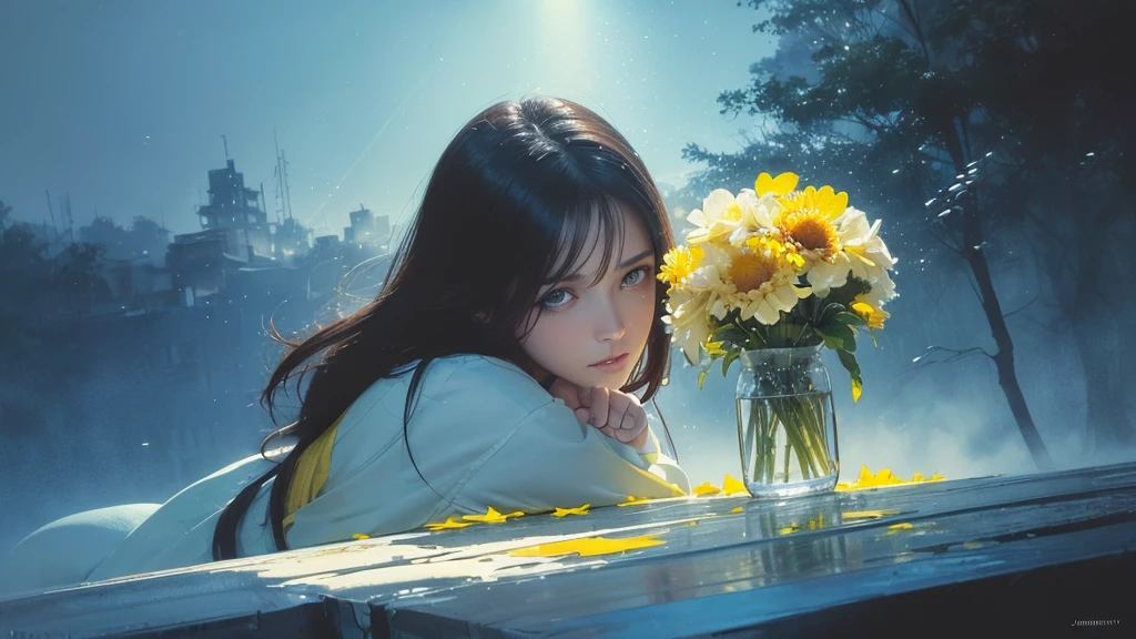 32k, Masterpiece, Highest quality, One girl, Brown Hair, Detailed eyes, flower,Dahlia, Light blue and yellow style,A dreamy, romantic piece,Pale yellow, Mysterious Leaves,A playful arrangement,Fantasy,High Contrast,Ink strokes,explosion,Exposure, Impression of light blue and yellow tones,Abstract,((Watercolours by John Berkey and Jeremy Mann )) Brush strokes,Negative Space, Tyndall effect,
