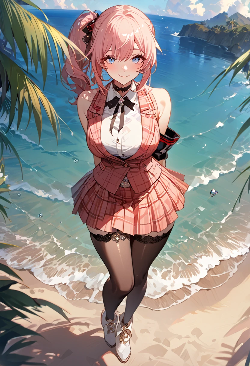 masterpiece, best quality, 8k, 4k, 1girl, (masterpiece, best quality:1.2), 1girl, serah farron, smile, looking at viewer, arms behind back, blue eyes, side ponytail, black armband, red plaid-pleated skirt lined with black lace, a white sleeveless dress shirt, a semi-transparent pink sweeper vest, black thigh-high stockings with a white diamond shape attached to the top of her left stocking, and ivory ankle boots, finely detailed eyes and detailed face, face detailed, hair detailed, clothes detailed, ((high quality)), extreme detail, beach sand, palm tree, calm water, high hills overlooking the sea, hollowed hills,  inspired by Asukaziye artist : ask, art style : ask