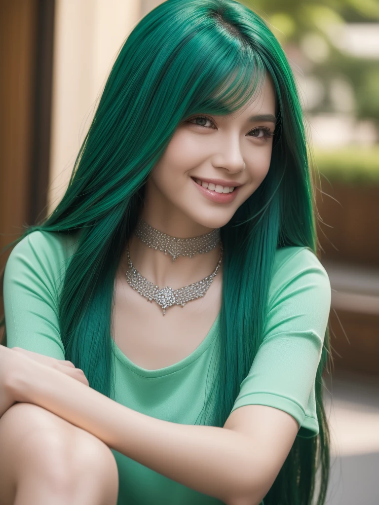 1girl, alone, solitary, high quality, (best quality,4k,8k,highres,masterpiece:1.2),ultra-detailed,(realistic,photorealistic,photo-realistic:1.37),gorgeous hair,emerald hair,long straight hair with bangs,sharp eyes,mole under the eye,plump lips,jewelry,(high detailed skin:1.4),(rim lighting:1.3),(lit:1.3),(sunny day:1.3),portrait,beautiful lips,waist-length hair,seductive gaze,moles,casual clothes,colorful clothing,close up,super long hair,choker necklace,tattoos,tattooed,light eyes,bangs,fringe,20 year old,dimples on the cheeks,dimples,beautiful smile,perfect teeth,straight teeth,perfect sized teeth,dazzling smile,emerald green hair,greenhair,green hair,bright emerald hair,emerald,emerald hair