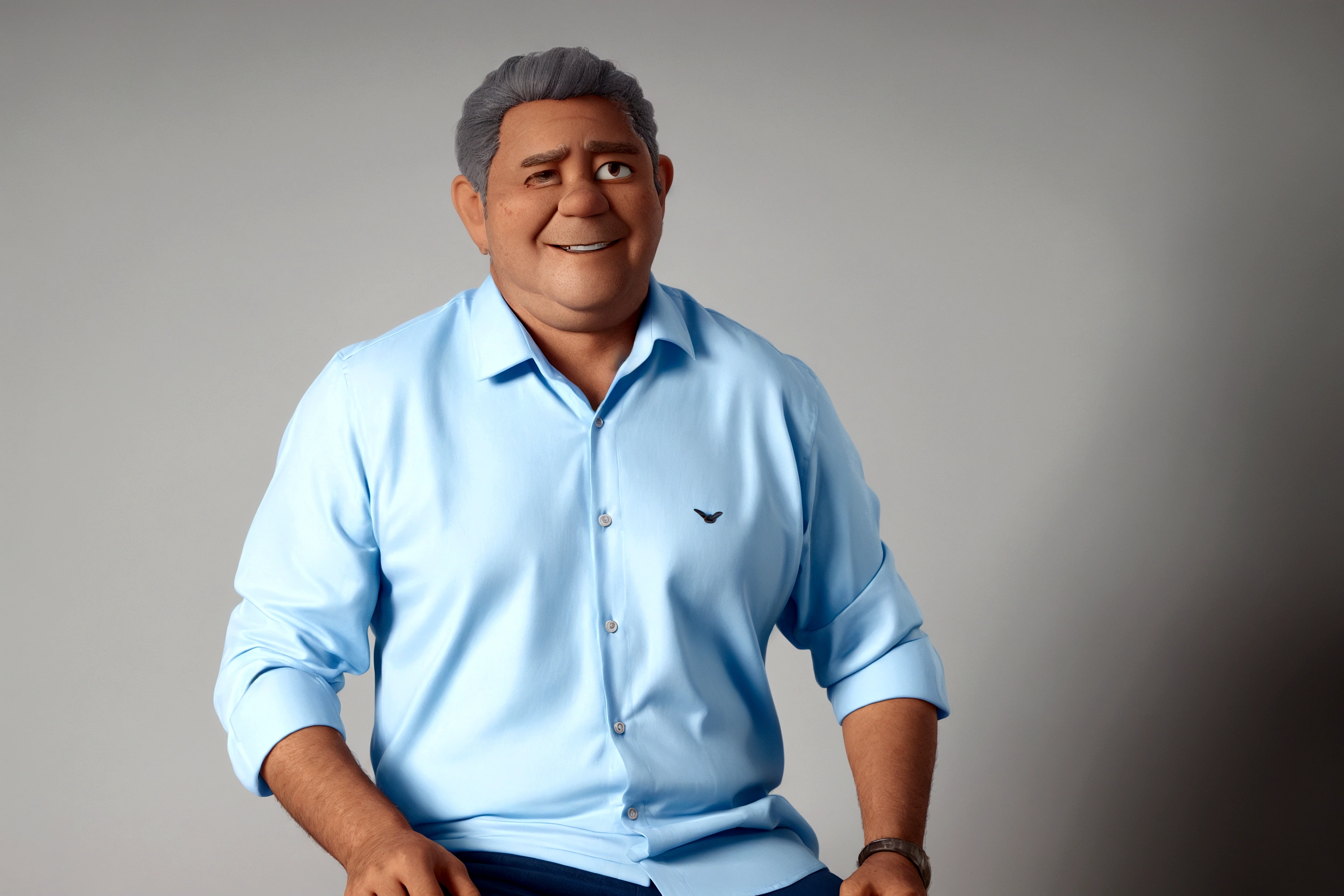 man, 3D pixar style, very short, slightly gray hair, with blue dress shirt