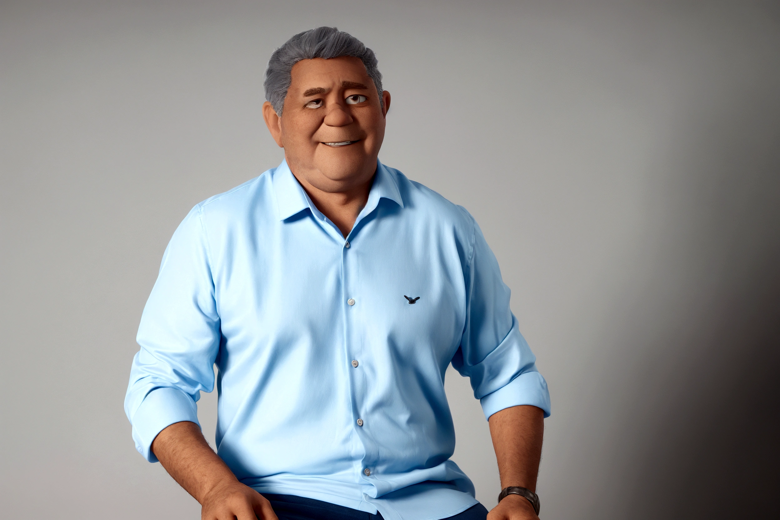 man, 3D pixar style, very short, slightly gray hair, with blue dress shirt