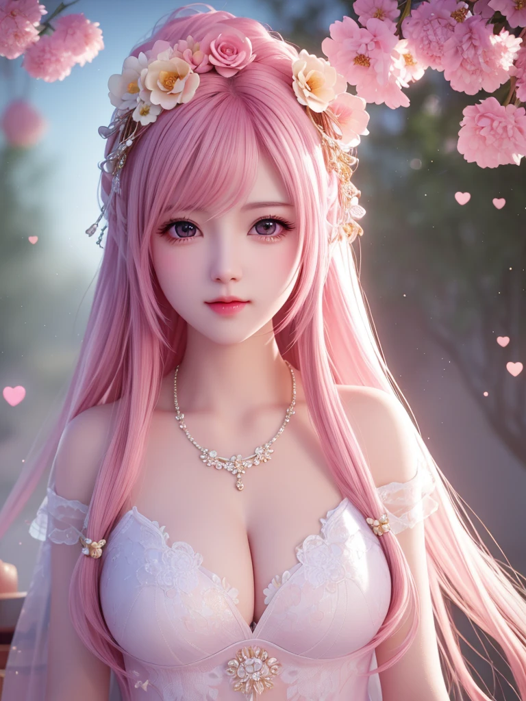 best quality, masterpiece, High target, There is a girl with a basket of flowers on her head, Big breast beauty,Very sexy,beautiful clothes, Hair Decorationss, necklace, Decorations, Pretty Face, When the body, Tyndall effect, Realistic Portraits, Edge lighting, Two-color light, (Very delicate skin:1.2), 8K uhd, Digital SLR Camera, Soft Light, high quality, Volumetric Lighting, Honest, photo, high resolution, 4K, 8K, Bokeh, Pink hair,Pink Eyes.