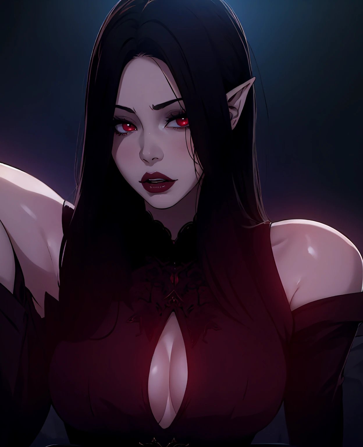 a devilish woman with black hair, pale skin, and red eyes, wearing an elf-like costume, in a dark and mysterious setting, 1 girl, beautiful detailed eyes, beautiful detailed lips, extremely detailed eyes and face, long eyelashes, elegant gothic fantasy, dark fantasy, dark atmospheric background, cinematic lighting, dramatic shadows, moody lighting, vivid colors, dramatic angles, exquisite detailed face, porcelain skin, intricate costume design, flowing hair, dramatic pose, (best quality,4k,8k,highres,masterpiece:1.2),ultra-detailed,(realistic,photorealistic,photo-realistic:1.37)