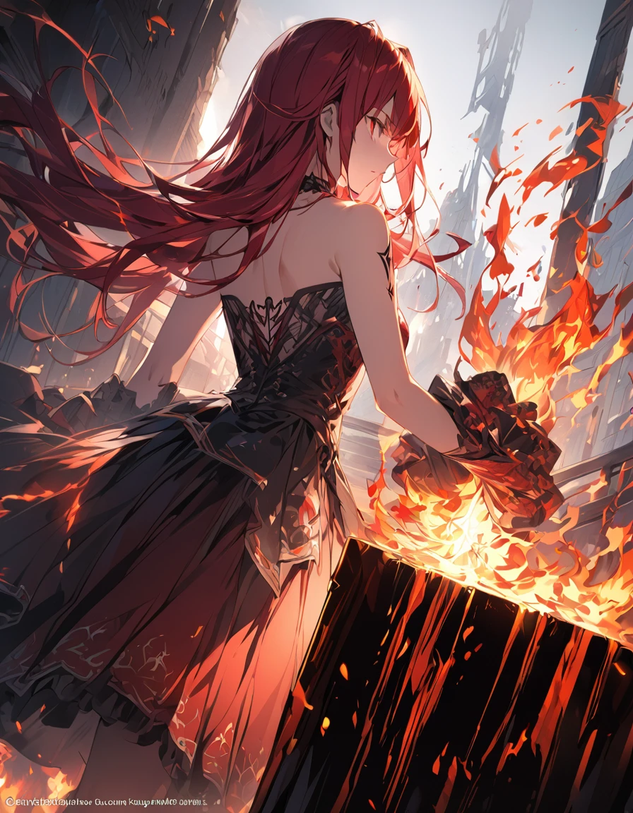 Detailed description　A woman with very long red hair　Very intense flames all over　Spell