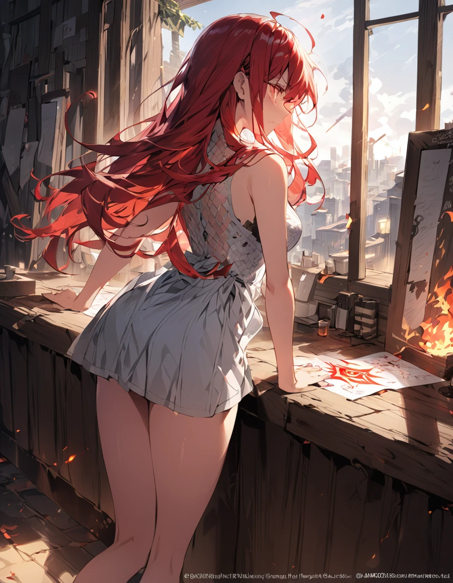 Detailed description　A woman with very long red hair　Very intense flames all over　Spell