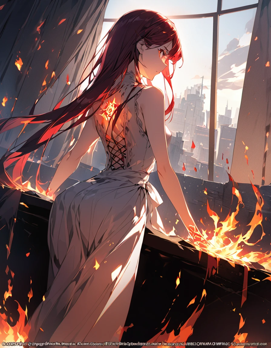 Detailed description　A woman with very long red hair　Very intense flames all over　Spell