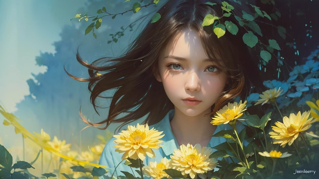 32k, Masterpiece, Highest quality, One girl, Brown Hair, Detailed eyes, flower,Dahlia, Light blue and yellow style,A dreamy, romantic piece,Pale yellow, Mysterious Leaves,A playful arrangement,Fantasy,High Contrast,Ink strokes,explosion,Exposure, Impression of light blue and yellow tones,Abstract,((Watercolours by John Berkey and Jeremy Mann )) Brush strokes,Negative Space, Tyndall effect,