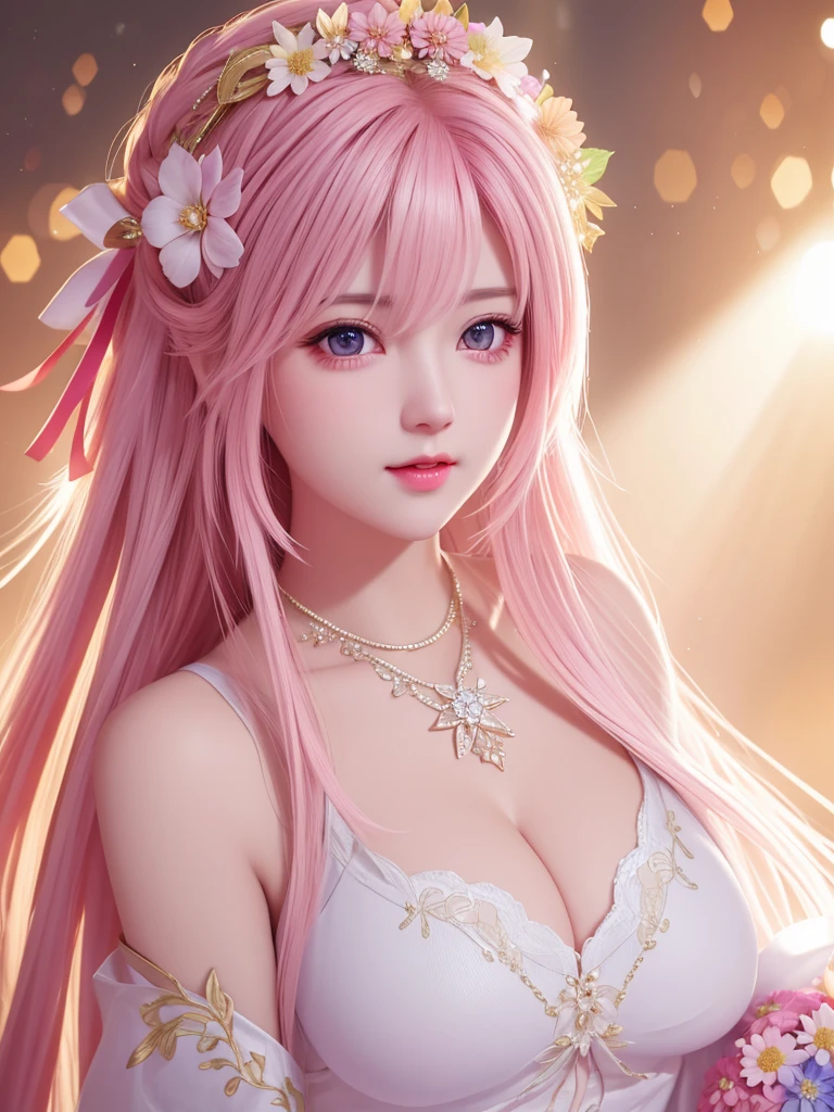 best quality, masterpiece, High target, There is a girl with a basket of flowers on her head, Big breast beauty，Very sexy，beautiful clothes, Hair Decorationss, necklace, Decorations, Pretty Face, When the body, Tyndall effect, Realistic Portraits, Edge lighting, Two-color light, (Very delicate skin:1.2), 8K uhd, Digital SLR Camera, Soft Light, high quality, Volumetric Lighting, Honest, photo, high resolution, 4K, 8K, Bokeh, Pink hair，Pink Eyes.