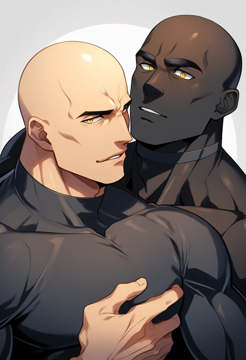 anime characters：Two superheroes in tights, Muscle superhero, Baldhead, negro black skin, They hugged and kissed each other, Bite your neck, Caress, Manliness, male focus, Yellow and black high collar long sleeve tight T-shirt, Slightly transparent material, Very tight, Round, full and perky chest muscles, Male dog waist, Slightly transparent, muscular male, muscular, only, Upper body, alone, Baldhead, Thick eyebrows, stubble, Yellow eyes, Grey background, simple background, amazing quality, best aesthetics, Ridiculous, bright pupils, crew cut, parted lips, seductive smile, torogao, naughty face, drop shadow, best quality