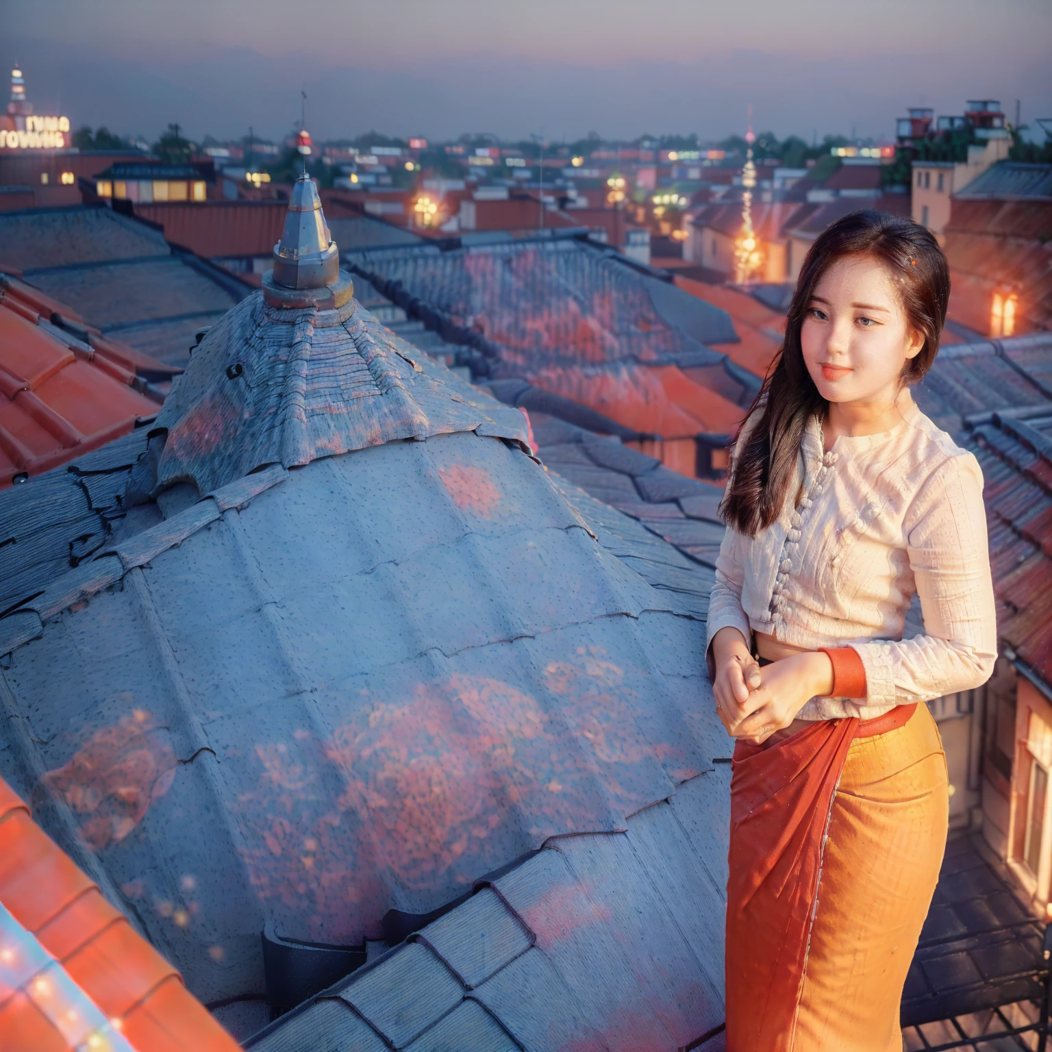 arafed asian woman, 1 girl, solo, ((((pretty lady MoonLay)))), (((seductive face with small cute smile))), red lips, (sitting seductively on a stool pose:1.5), (looking to the sky:1.5), (night with starry sky:1.5), smooth face skin, traditional beauty, cinematic portrait glow lighting, traditional dress, ((in a white shirt and red skirt:1.5), high heel, (full body view:2), (two story building rooftop balcony with vibrant colorful small townscape background:1.5), (cinematic bokeh deep blur background:1.5), cinematic lighting, perfect anatomy, perfect face, perfect dress, perfect shin and calf, perfect hands, perfect toes