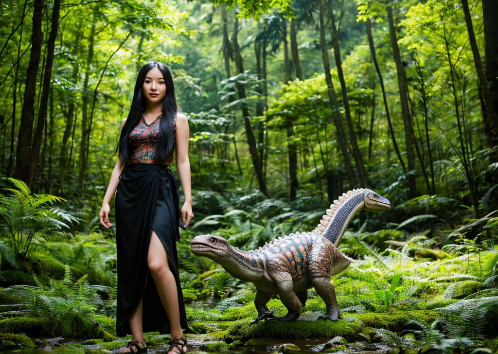 Teenage female, long black hair, asian skin, indoensian high , fullbody shot, ancient background in middle of forest with dinosaur.