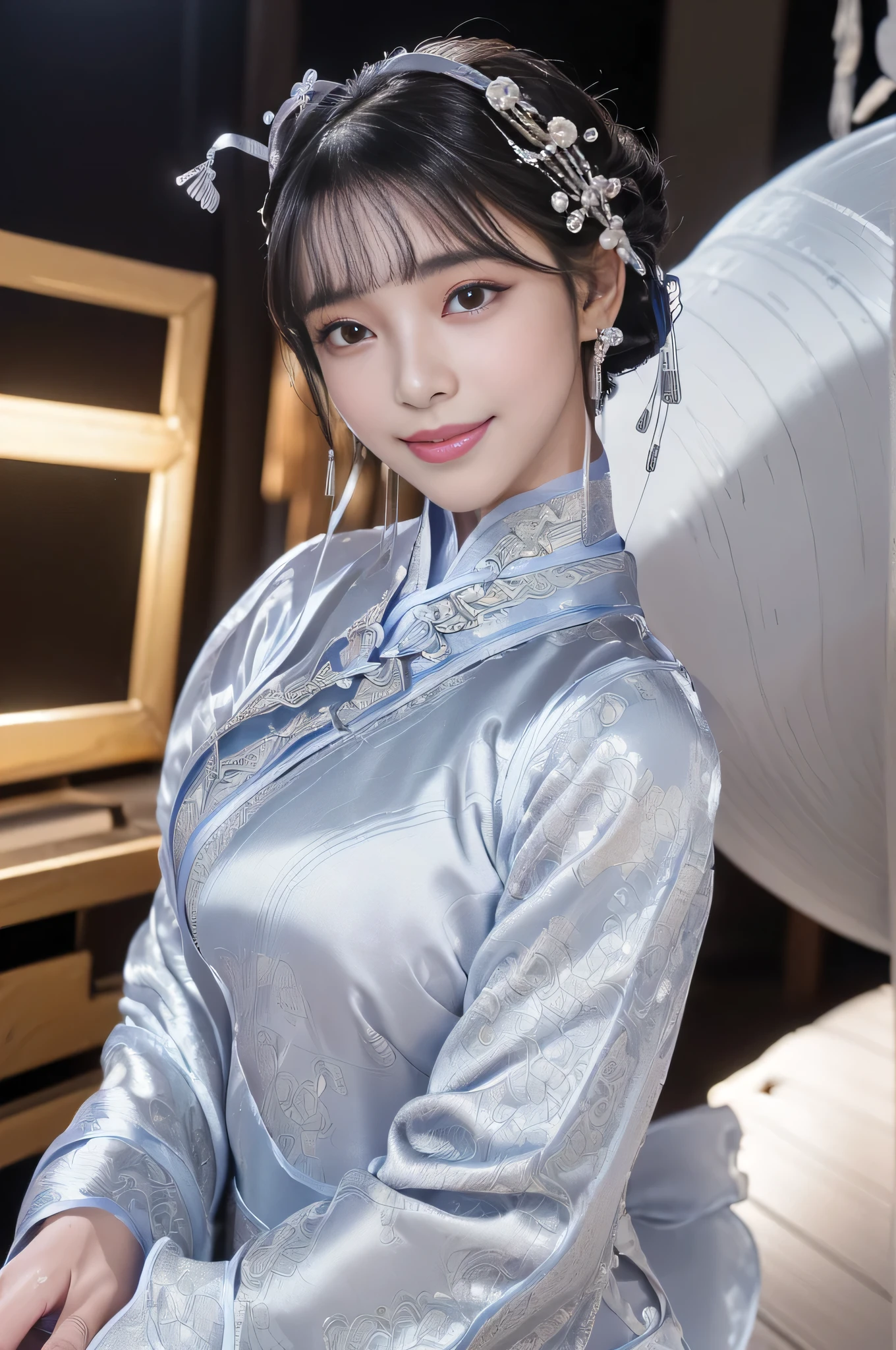 ((Highest quality, 8K, masterpiece: 1.3)), Cowboy Shot, Very cute beautiful woman, 1 Girl, (Beautiful breasts:1.3), (Abdominal muscles, Slim figure: 1.1), Sharp focus, (((Intricate details)), High detail, Upper Body, One Girl, Black twin bangs with bangs, Chinese Kanzashi, (Silver luxury satin cut-out evening cheongsam:1.5), race, An evening dress with attention to detail, 8K, 8K Resolution, Beautiful detailed face, Detailed body, Detailed clothing, Clear images, 超Clear images, Japanese anime concept art, Trending on Art Station, ((Looking the audience, Facing the audience, Staring the audience:1.3)), Seductive sexy pose, ((Captivating smile, A light smile:1.35)), Pink lipstick, Bokeh, field of depth, 8.5 Life-size, 8K resolution, (Shot with EOS 5D Mark IV, 35mm lens, F1.8), (ancient chinese street background, Simple background without people, Detailed Background), ((Encircling the head:1.3), Detailed human hand, Perfect human hand, Perfect Anatomy, Perfect Proportions, 超Sharp focus,
