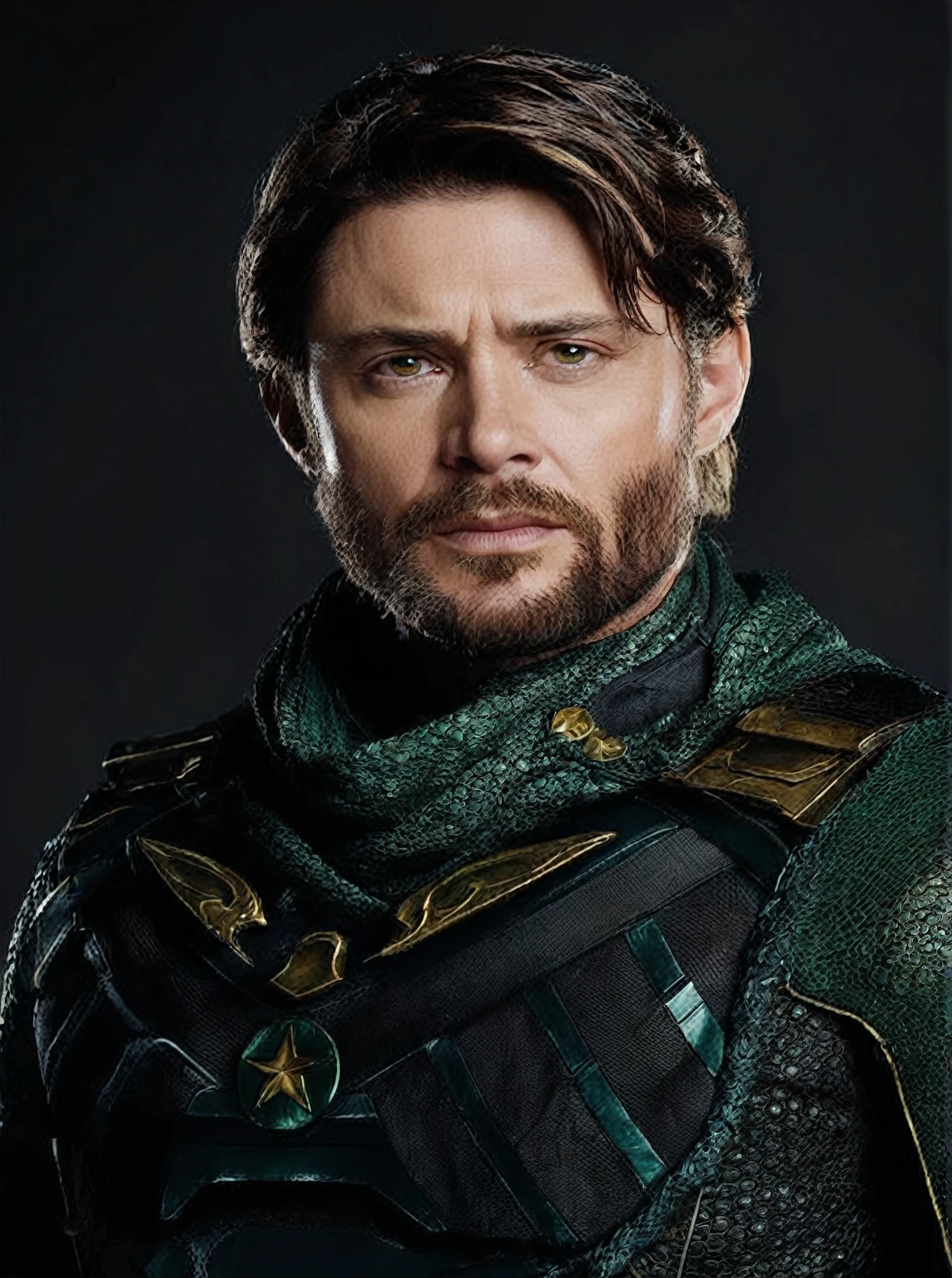 a close-up of a man with a green outfit and beard, mystery, Karl Urban as Dragon Slayer, doctor, crocodilo Loki, Ryan por, maxwell boas, Clayton Crain, paul atreides, Jon Tron as Loki in The Avengers, avatar image, robust and handsome ranger, ladino masculino, profile pic, Dia Charlie