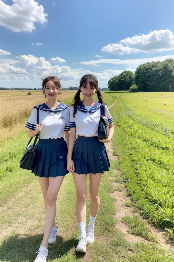 2 girls walking in rural field,cumulonimbus cloud in summer sky,sailor shirt,navy blue pleated skirt,18-year-old,bangs,a little smile,thighs,knees,short hair with low pigtails bunches,from below,front light