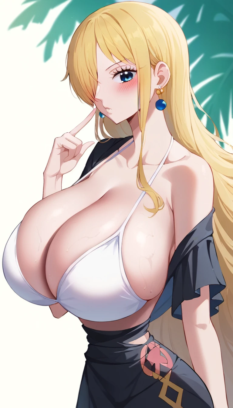 masterpiece, Highest quality, Ultra-high resolution, Fluorescent color,, 1 Girl, Looking at the audience, Beautiful Face, Beautiful Eyes, (Off the shoulder: 1.2), Lift your head, Upper Body, forest, Shiny Hair, Shiny skin, Shining Cut, Big Breasts, Adjusting the Finger Ratio,(1girl:1.3),masterpiece++、top-quality++、ultra-definition++、ultra-definition++、4K++、8K++、From Side,Detailed face, Fine grain, Nikolima, (White swimsuit, Blue eyes, Long Hair, Hair on one eye, Earrings, Blonde, jewelry:1.3), whole body, whole body shot, (Are standing:1.2), View your viewers, (Cleavage, blush, very Long Hair, Huge breasts, Narrow waist, Skin tension, Chest skin dents, Fascinating :1.3), Detailed hair, one piece, Black Dress, Pool conceit