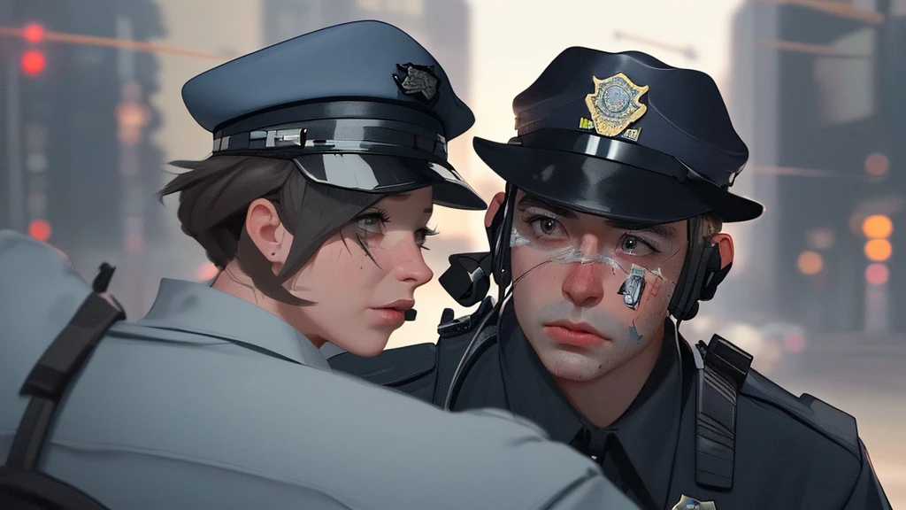 Create a police officer injured from a gunshot talking to your young ,8K, Ultra realistic photo, cinematographic 