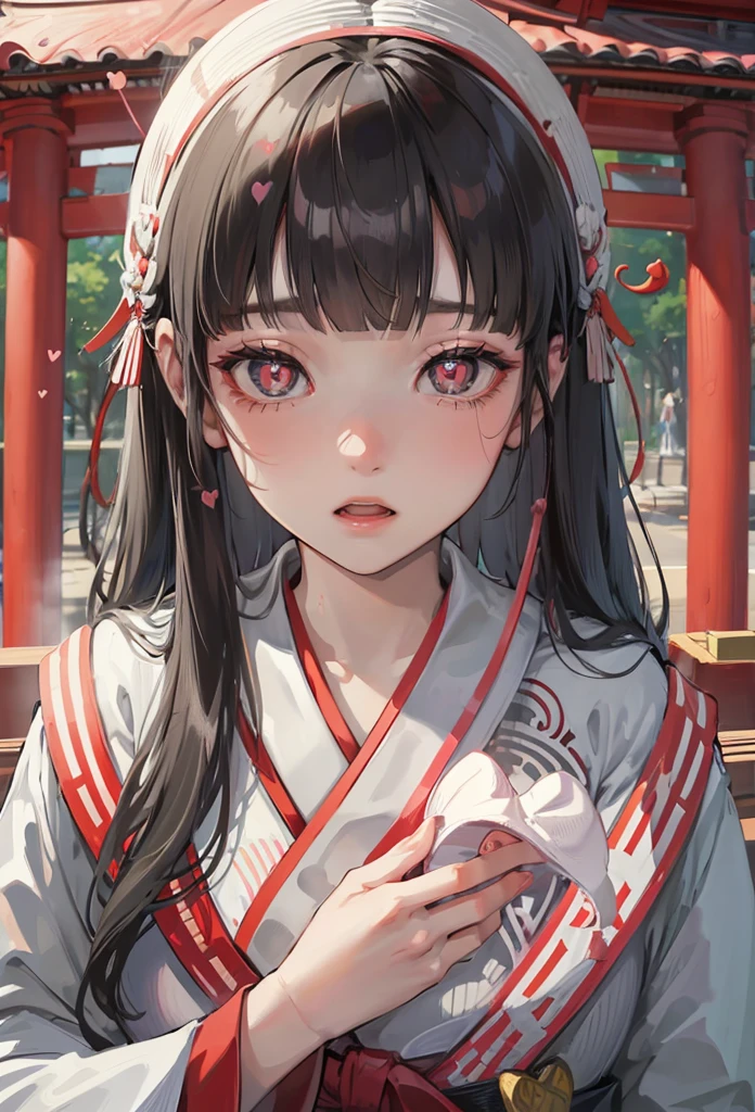 (sweaty skin) (standing, in the Fukuoka hakata city), (pov close up face) solo:2, 15 yo, ((blunt bangs)) (black hair long hair panic:1.4 shrine maiden girl), ((((heart shaped pupils gray eyes)))), hand put on own chest, in a shrine maiden clothes, BREAK, perfect anatomy, masterpiece, best quality, 16k, beautiful detailed grow, daydreaming expression.