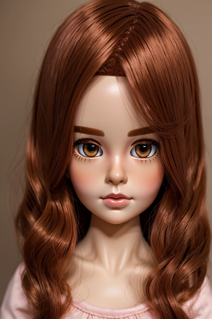 Make me a pale skin blythe doll, Brown eyes, short copper red hair, straight copper eyebrows, black outline, pink cheeks, pink lips