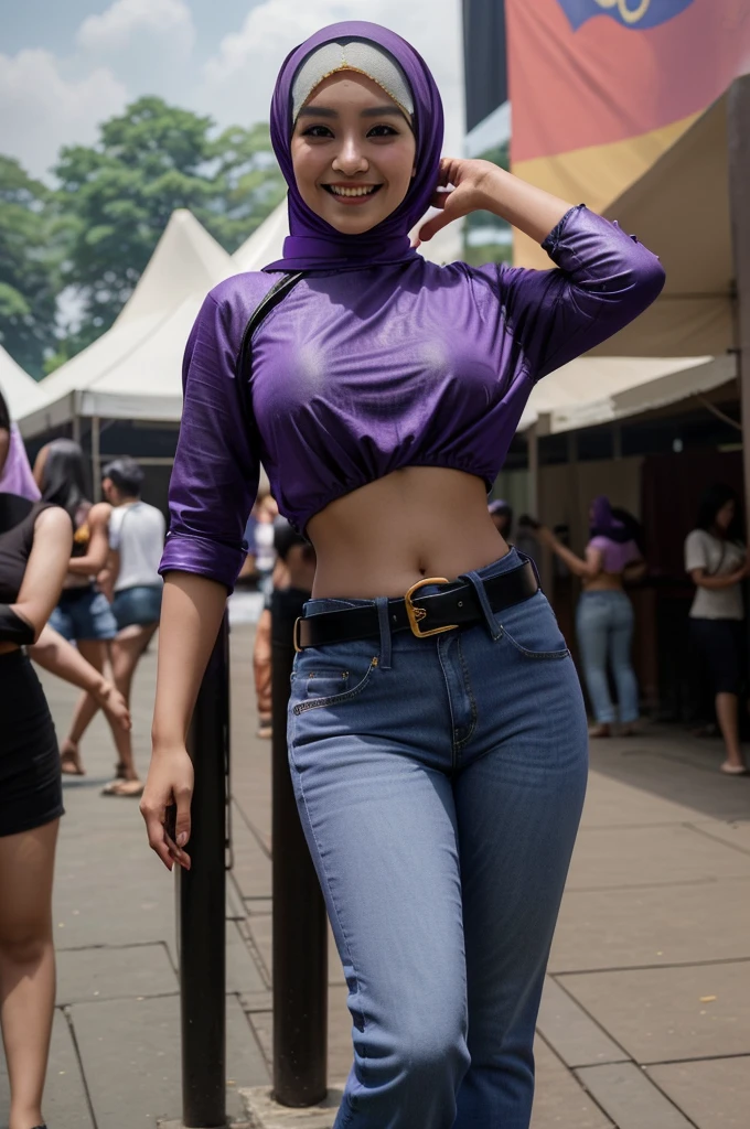 a beautiful sexy malaysia girls wears a hijab, wearing a purple shirt, showing big navel, wears low waist jeans, at the festival, wear a black leather belt, full body, smiling, 4K