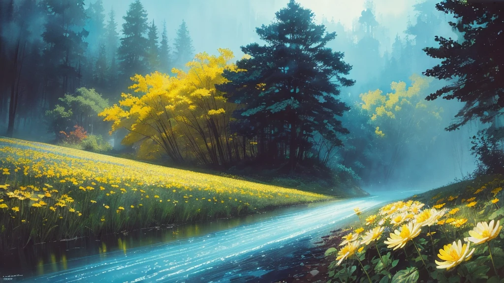 32k, Masterpiece, Highest quality, One girl, Brown Hair, Detailed eyes, flower,Dahlia, Light blue and yellow style,A dreamy, romantic piece,Pale yellow, Mysterious Leaves,A playful arrangement,Fantasy,High Contrast,Ink strokes,explosion,Exposure, Impression of light blue and yellow tones,Abstract,((Watercolours by John Berkey and Jeremy Mann )) Brush strokes,Negative Space, Tyndall effect,