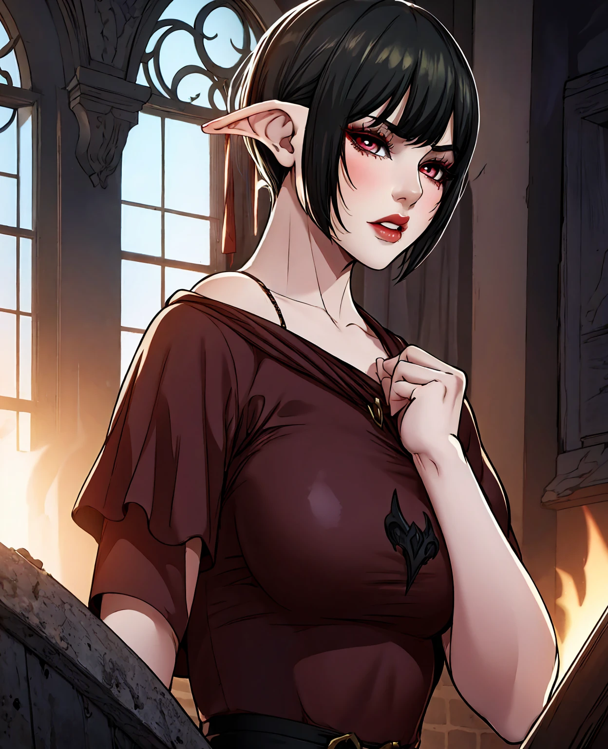 a devilish woman with black hair, pale skin, and red eyes, wearing an elf-like costume, in a dark and mysterious setting, 1girl, detailed face, beautiful detailed eyes, beautiful detailed lips, extremely detailed eyes and face, long eyelashes, dark fantasy, magic, occult, dark atmosphere, dramatic lighting, chiaroscuro, dark shadows, moody, cinematic