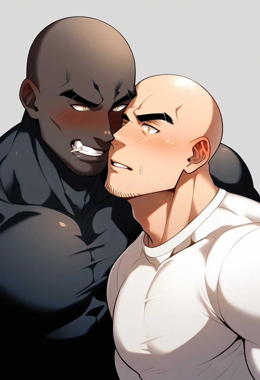 anime characters:Two superheroes in tights, Muscle superhero,Baldhead, negro black skin, They hugged and kissed each other, Bite your neck, Caress, Manliness, male focus, Yellow and black high collar long sleeve tight T-shirt, Slightly transparent material, Very tight, Round, full and perky chest muscles, Male dog waist, Slightly transparent, muscular male, muscular, only, Upper body, alone, Baldhead, Thick eyebrows, stubble, Yellow eyes, Grey background, simple background, amazing quality, best aesthetics, Ridiculous, bright pupils, crew cut, parted lips, torogao, naughty face, blush, saliva trail, drop shadow, best quality