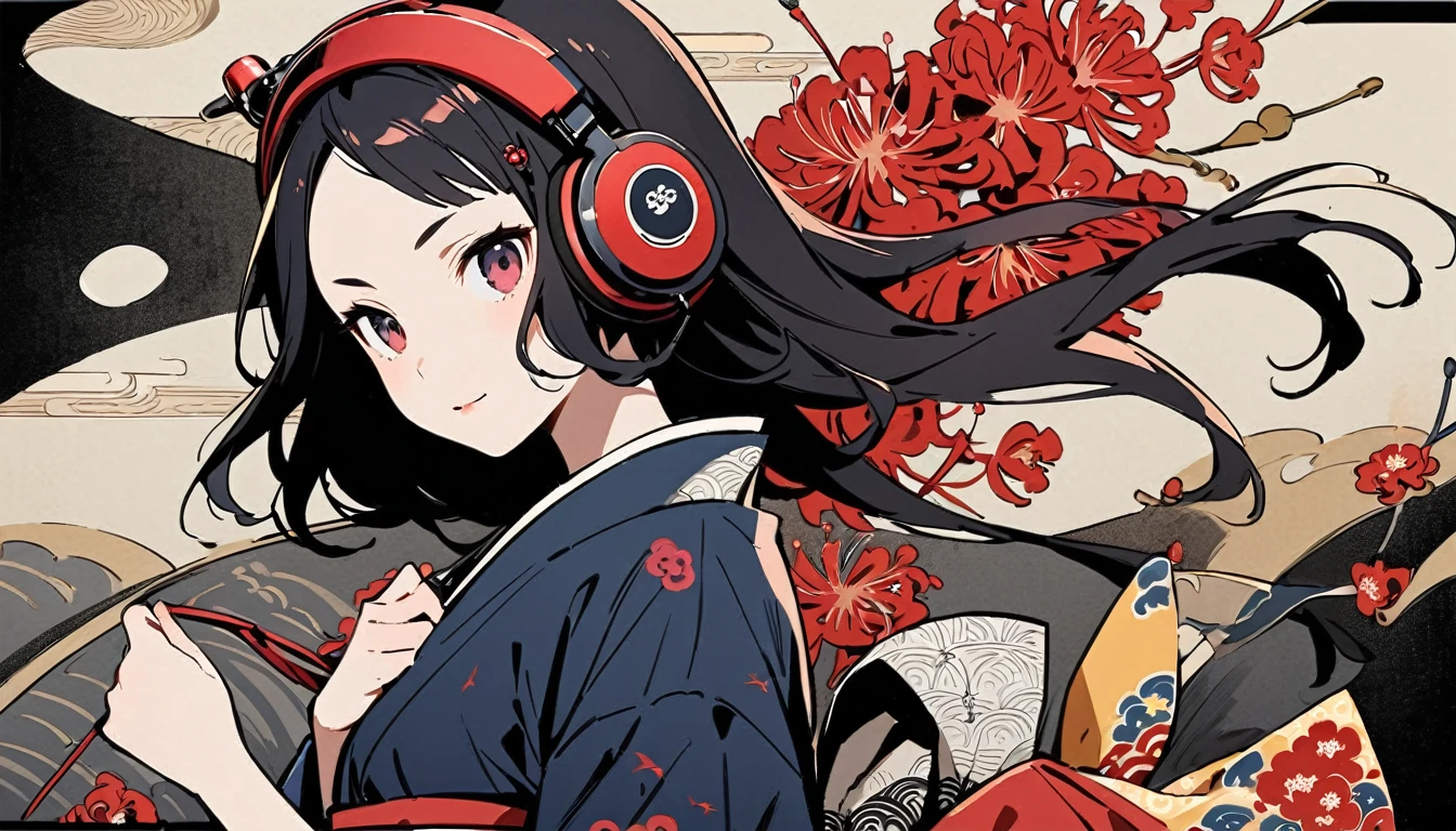 Highest quality, Katsushika Hokusai, Ink Painting, (((straight longhair))), (((1 girl))), (((Pale red yukata))), Japanese style headphones, Red spider lily, beautiful girl, Black Hair, Delicate and precise, Modern ukiyo-e style, Red Eyes, hairpin, wink