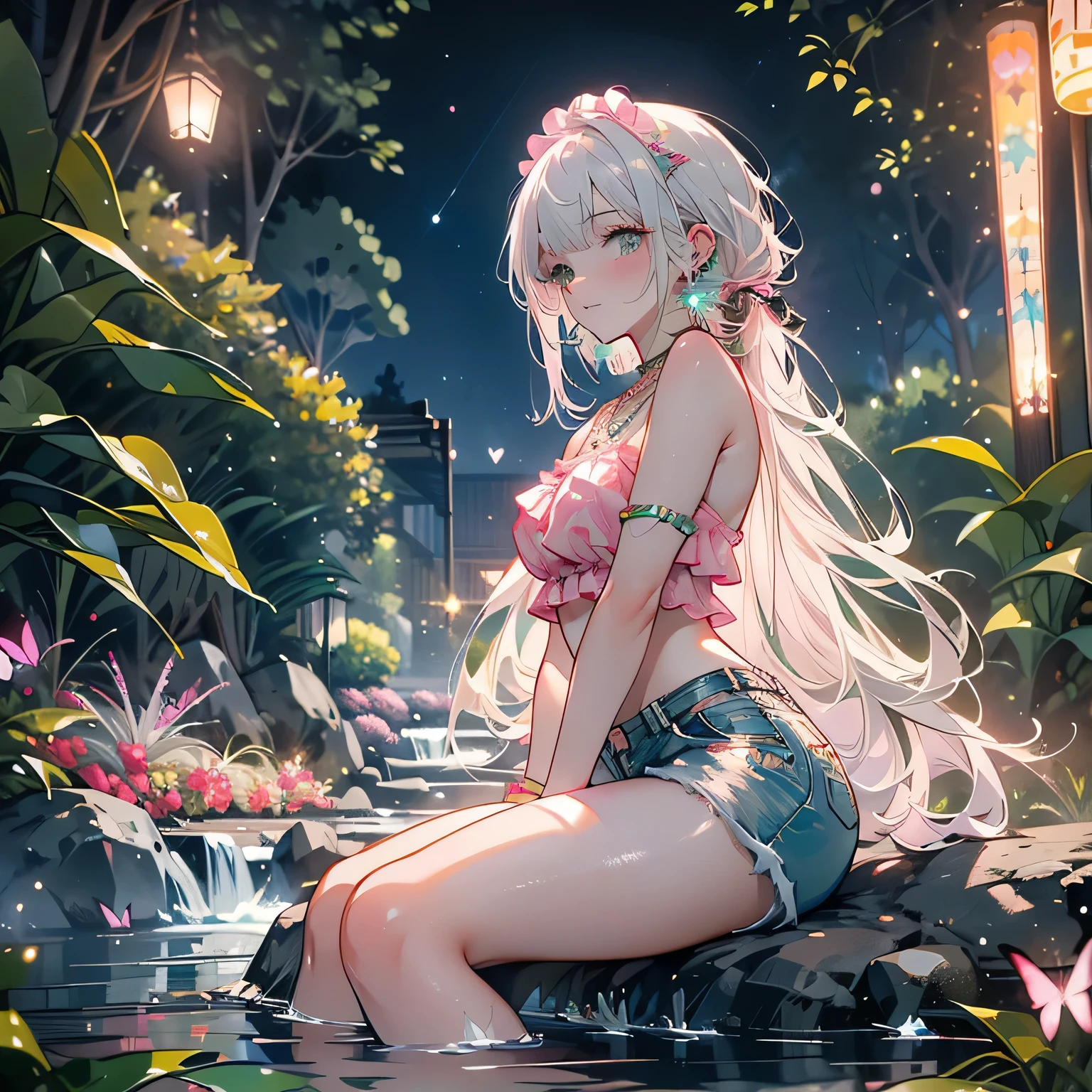 ((masterpiece:1.4, best quality)), ((masterpiece, best quality)),low angle,beautiful pony tail silver green hair,beautiful  pink eyes,little cute   girl,full body, sitting in the water falls,lovely laugh,denim shorts,pink and green baseball cap, ((pink and green elegant summer )), (Lace chalker, wristband, diamond necklace,earrings),cinematic lighting and pause,beautiful natural mysterious park,night sky,full moon,beautiful pink and green butterflies all over the place,