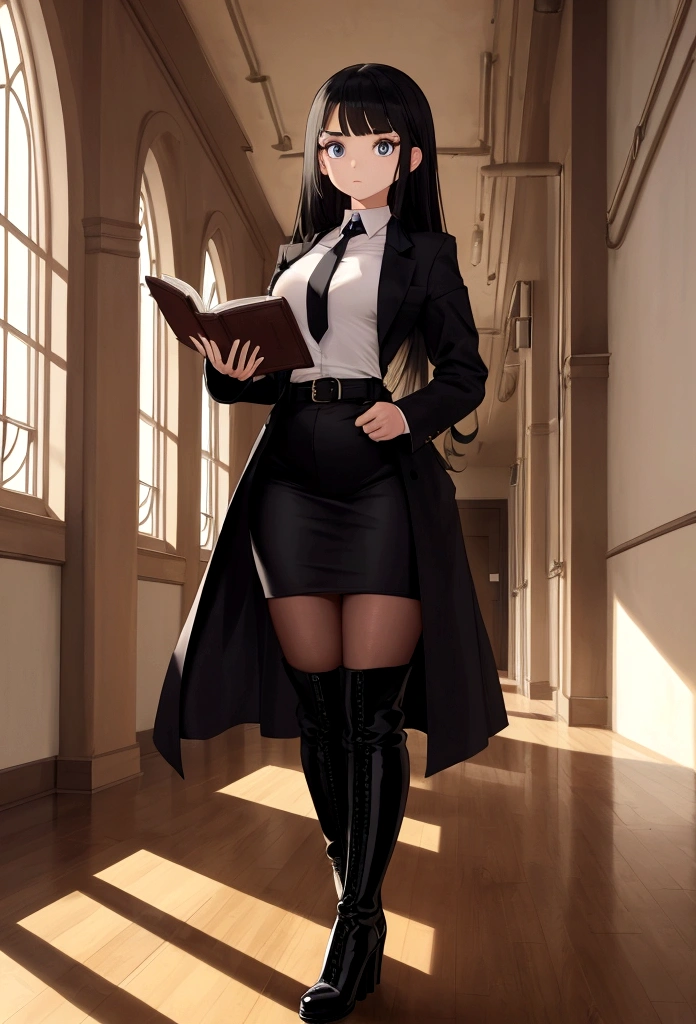 Girl measures 80, 90, 80 height 1.70 tender face big eyes  tie black high-heeled boots light skin defined face thin waist  big chest holding a book in the background of an empty school 