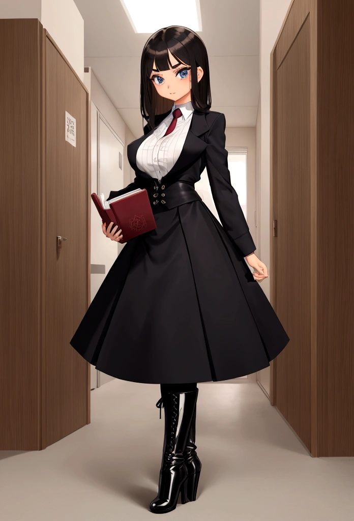 Girl measures 80, 90, 80 height 1.70 tender face big eyes tie black high-heeled boots light skin defined face thin waist big chest holding a book in the background of an empty school